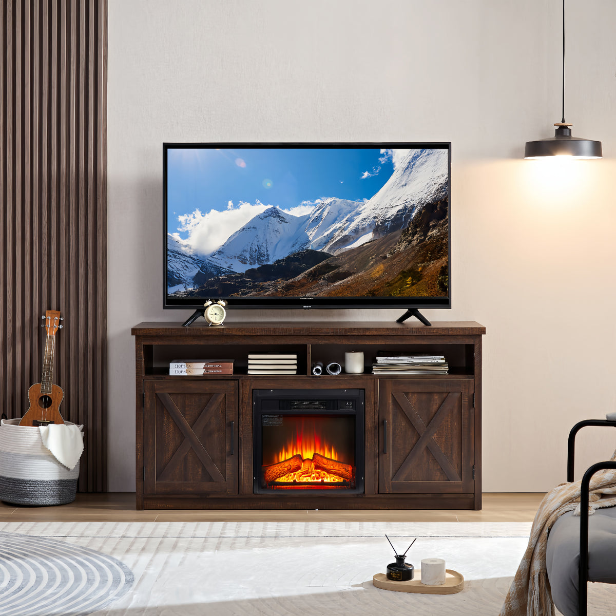 Espresso TV Media Stand with Electric Fireplace and Open Shelves S608