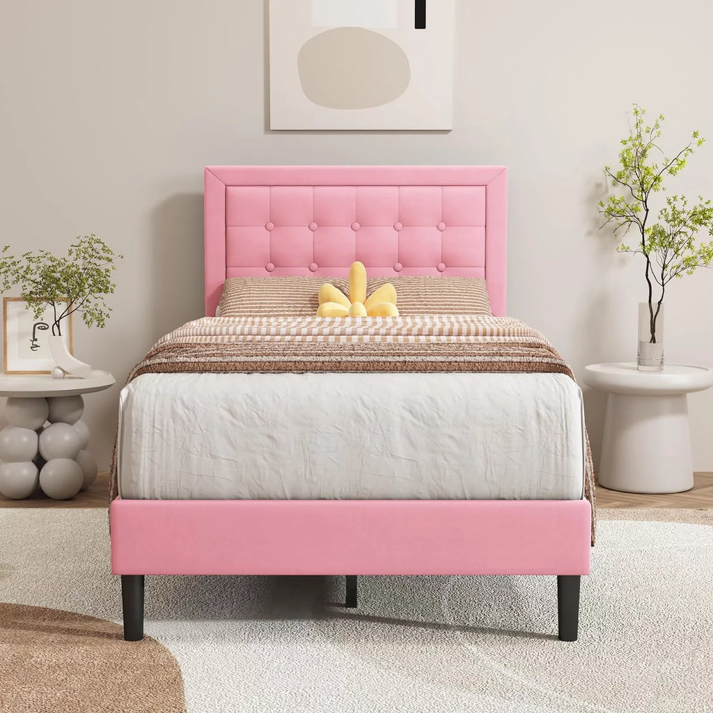 Pink Velvet Upholstered Platform Bed Frame Twin Size M656