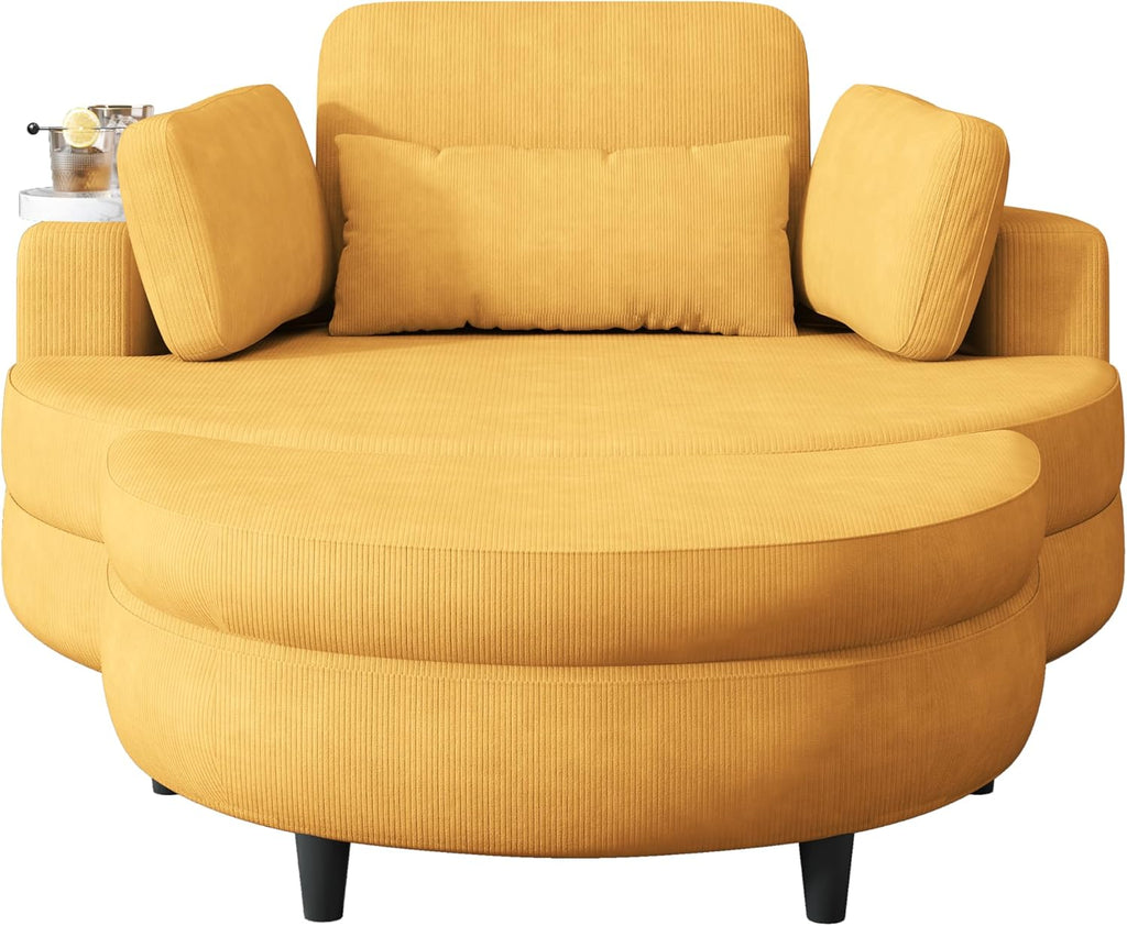 Oversized Corduroy Barrel Armchair with Adjustable Headrest, 4 Pillows, Storage Ottoman & Removable Tray G419