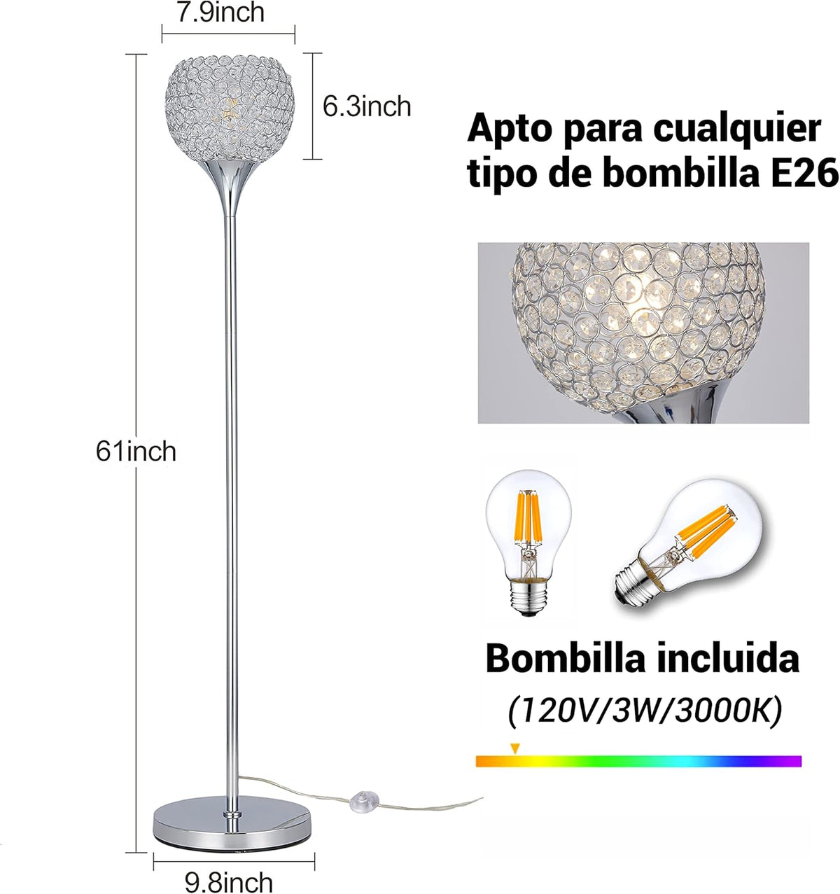Crystal 1-Light Chrome Finish Floor Lamp with LED Bulb X820374