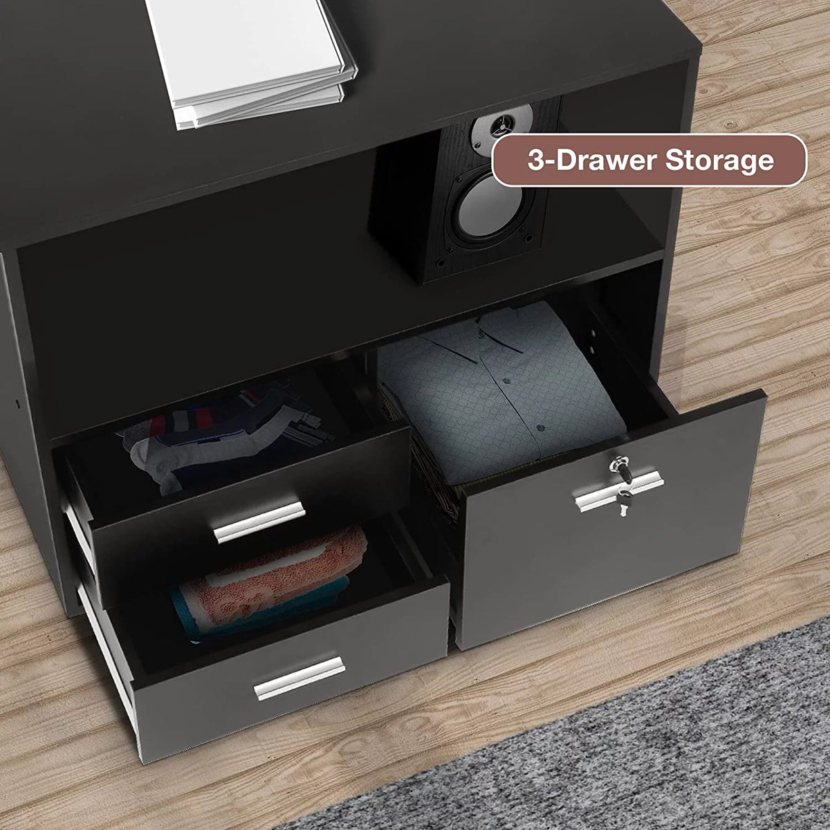 Black Wood 3 Drawer Mobile Lateral Filing Cabinet with Lock Y342