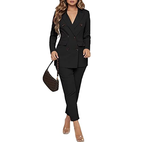 Women Double Breasted Blazer Set 2 Piece Pants Outfits Long Sleeve Suit Set P640