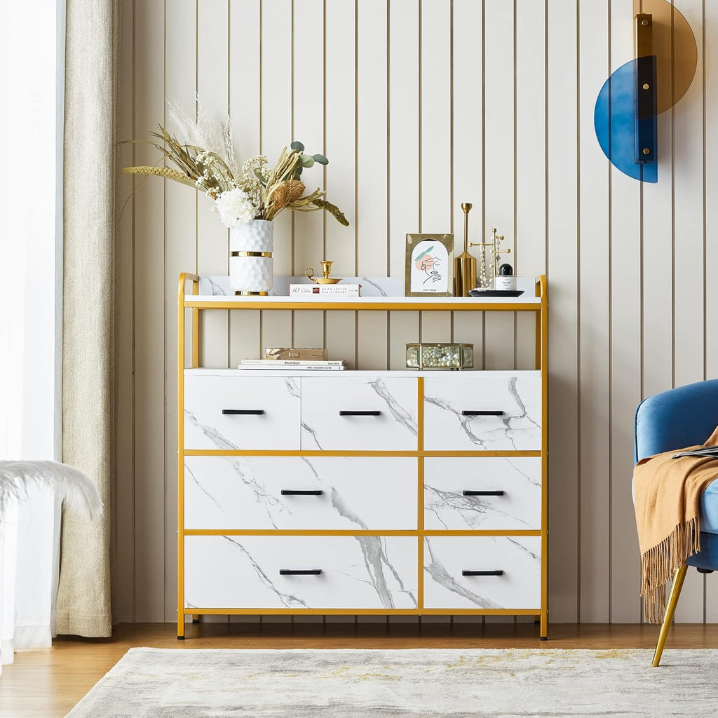 White 7 Drawer Chest of Drawers with Steel Frame and Wood Top U565563