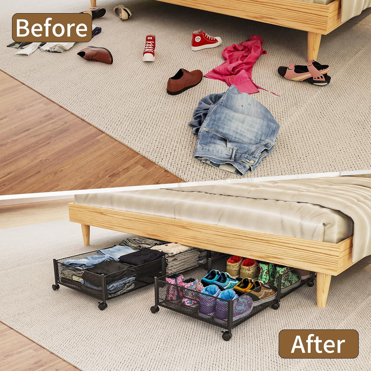 Under Bed Storage on Wheels, Large Capacity Rolling Under the Bed Storage Containers, Foldable Drawers W5567