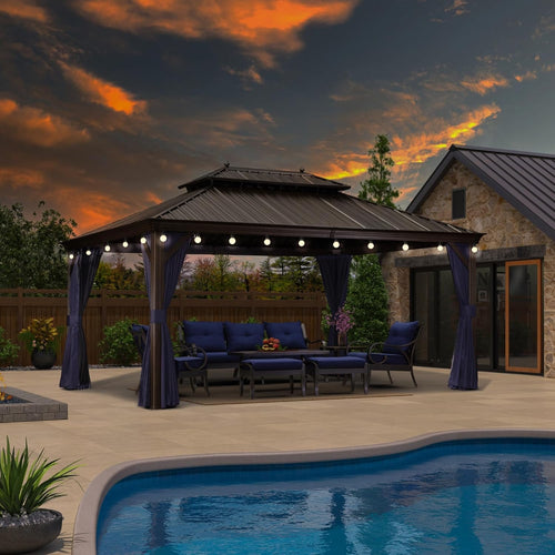 12' X 16' Permanent Hardtop Gazebo with Netting and Curtains Metal Roof Outdoor Pavilion with 24 LED Hanging String Lights U735