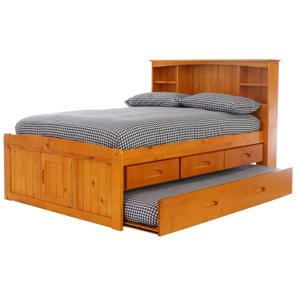 Solid Pine Full Captains Bookcase Bed with 3 Drawers and Twin Sized Trundle in Warm Honey H9637