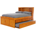 Solid Pine Full Captains Bookcase Bed with 3 Drawers and Twin Sized Trundle in Warm Honey H9637