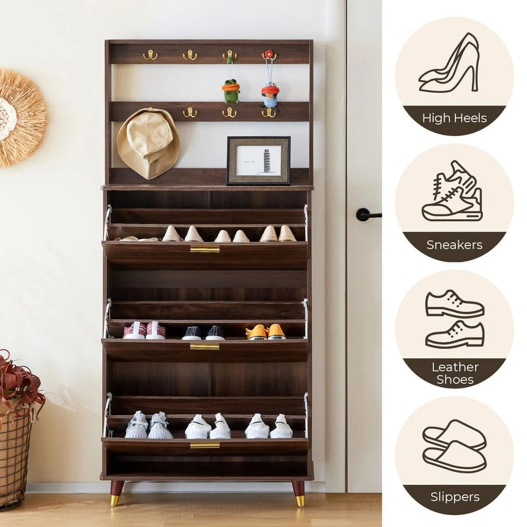 Brown Wardrobe Armoire Closet with 12 Hooks & 3 Shoe Cabinets U97455