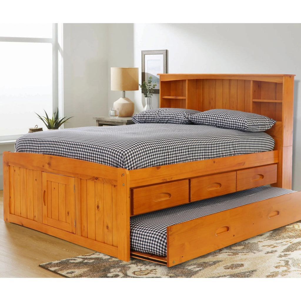 Solid Pine Full Captains Bookcase Bed with 3 Drawers and Twin Sized Trundle in Warm Honey H9637