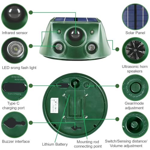 Solar Animal Repeller 360° Ultrasonic Outdoor with Motion Sensor & LED Flashing B775452