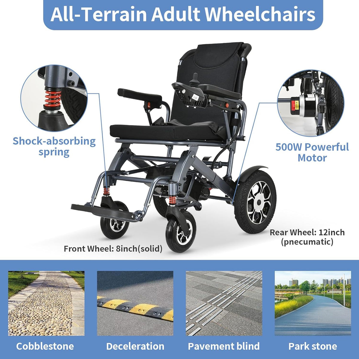Lightweight Foldable Electric Wheelchair with 500W Motor, Weight 50lbs V4568