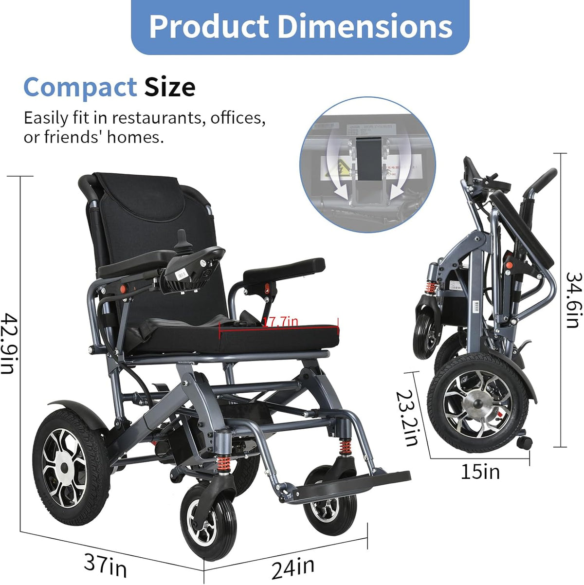 Lightweight Foldable Electric Wheelchair with 500W Motor, Weight 50lbs V4568