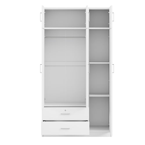 White 3 Doors Wooden Wardrobe with 2 Drawers and Top Cabinet K7051