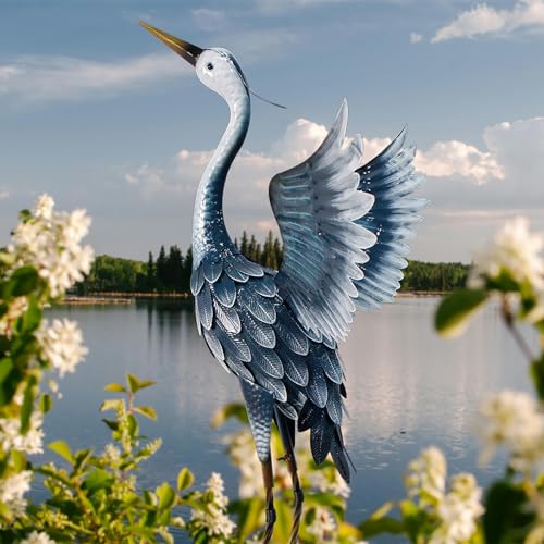 33 Inch Blue Metal Crane Statue Y1094