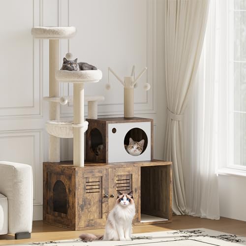 Rustic Brown Wooden Cat Furniture with Cat Tree Tower and Condo O48403