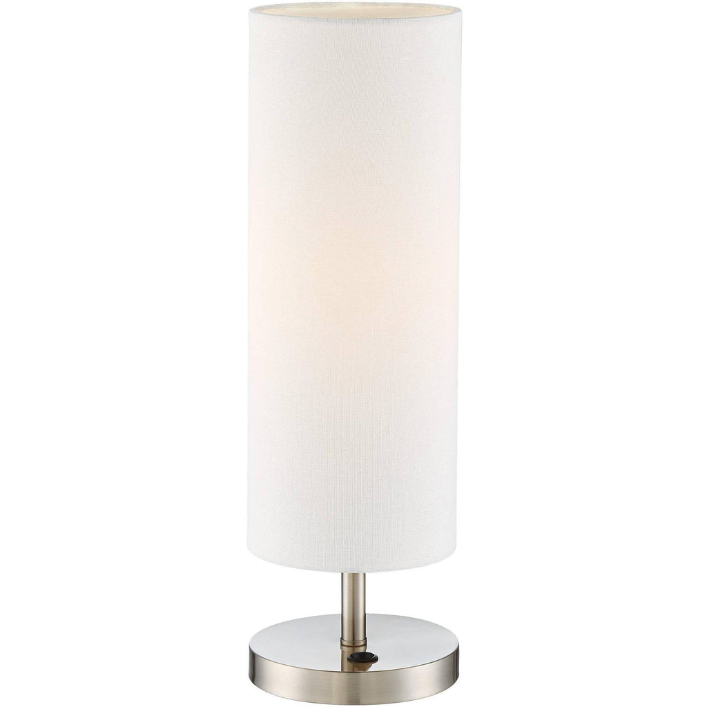 Modern Accent Table Lamp with USB and AC Power Outlet Brushed Steel Off White Cylinder Shade Q1263