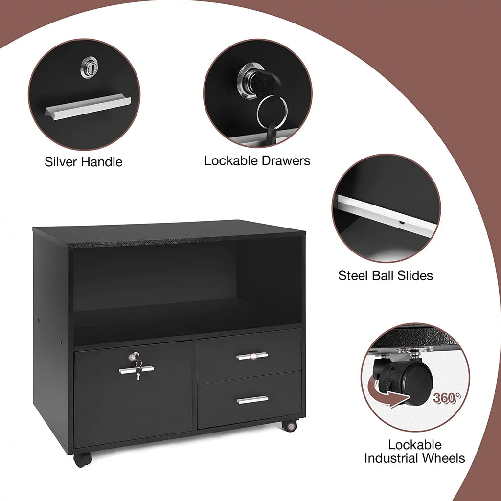 Black Wood 3 Drawer Mobile Lateral Filing Cabinet with Lock Y342