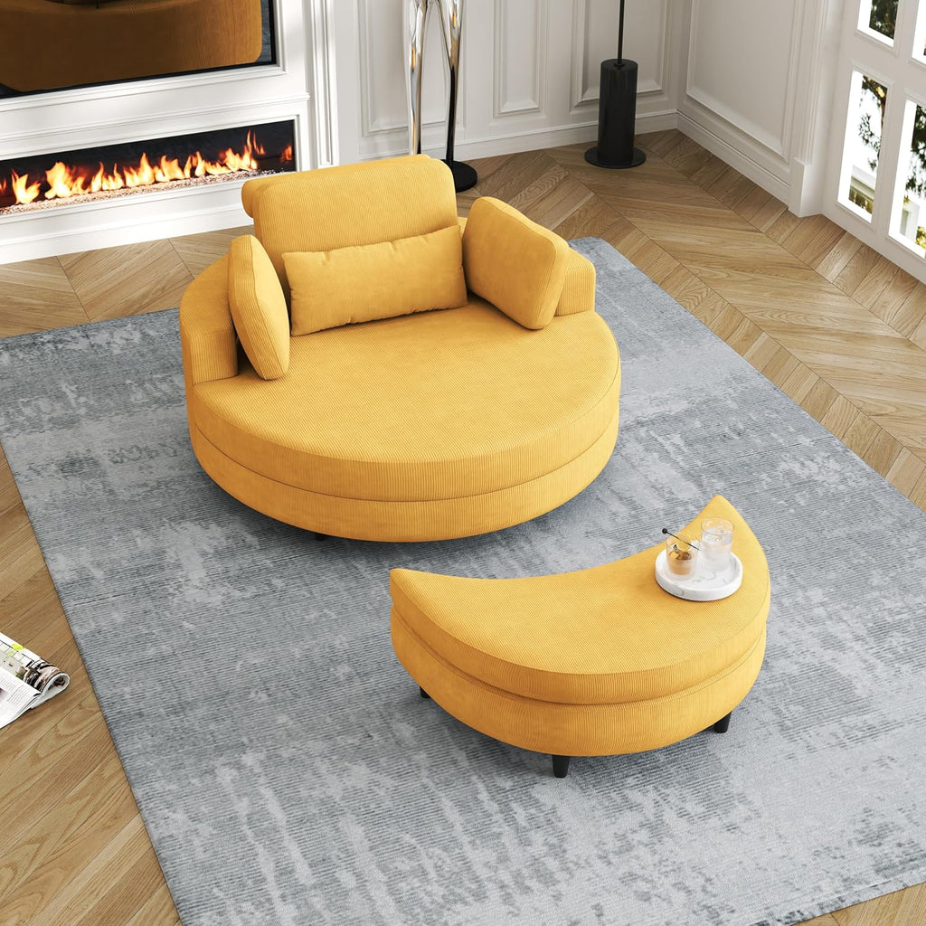 Oversized Corduroy Barrel Armchair with Adjustable Headrest, 4 Pillows, Storage Ottoman & Removable Tray G419