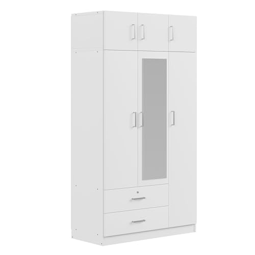 White 3 Doors Wooden Wardrobe with 2 Drawers and Top Cabinet K7051