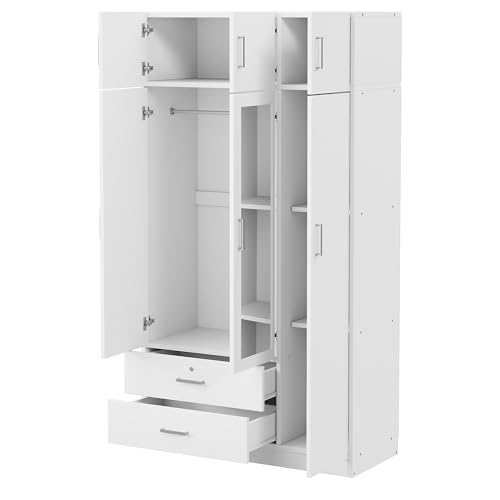 White 3 Doors Wooden Wardrobe with 2 Drawers and Top Cabinet K7051
