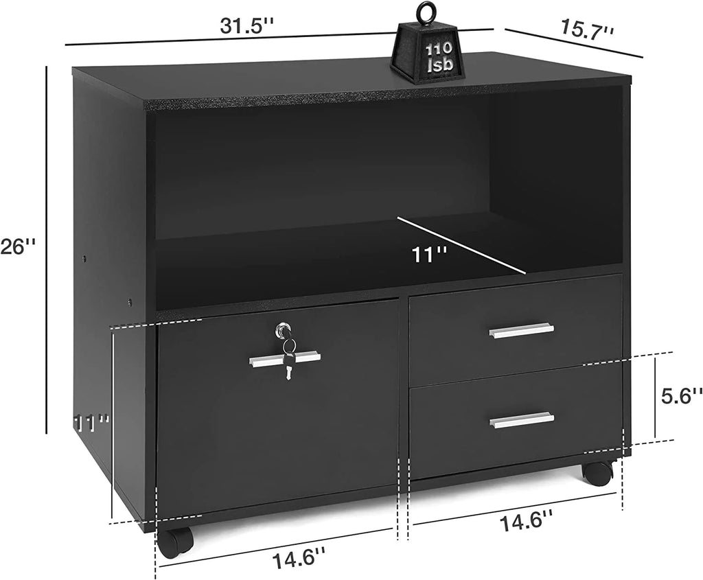 Black Wood 3 Drawer Mobile Lateral Filing Cabinet with Lock Y342