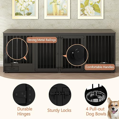 Black Heavy Duty Wooden Dog Crate with Dog Bowl Drawers & Divider O46596