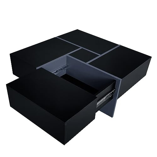 Black Square Coffee Table with 4 Hidden Storage Compartments and Extendable Sliding Tabletop F771
