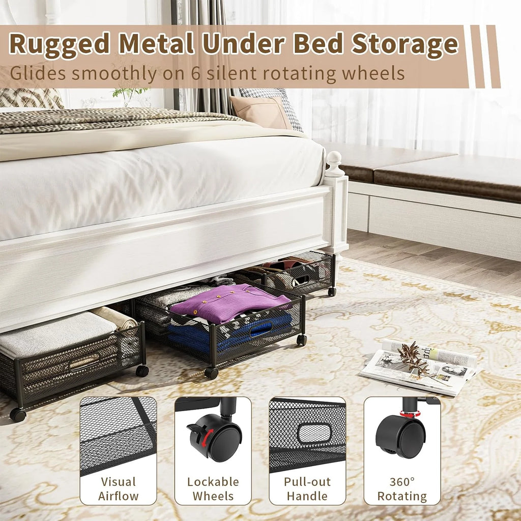Under Bed Storage on Wheels, Large Capacity Rolling Under the Bed Storage Containers, Foldable Drawers W5567