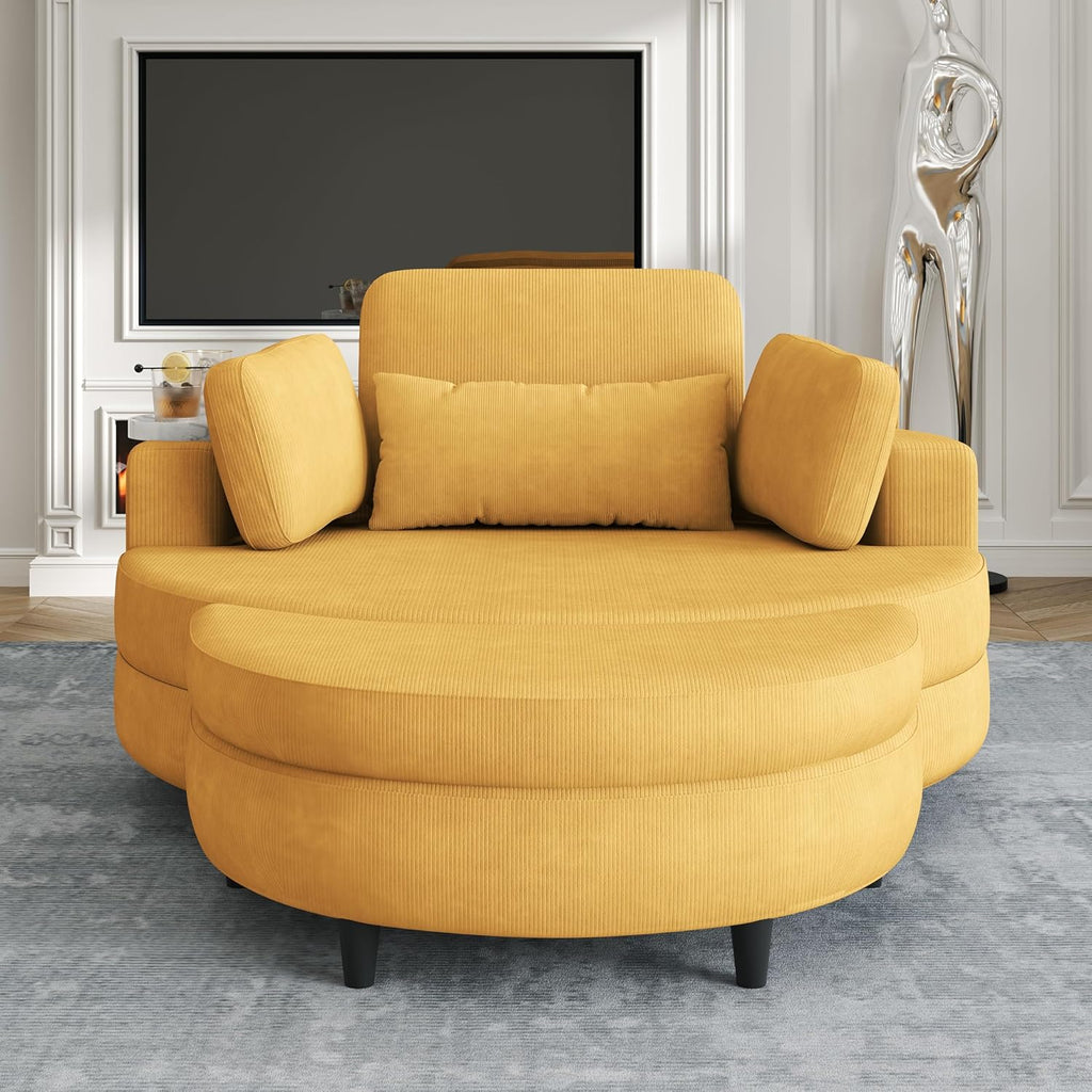 Oversized Corduroy Barrel Armchair with Adjustable Headrest, 4 Pillows, Storage Ottoman & Removable Tray G419