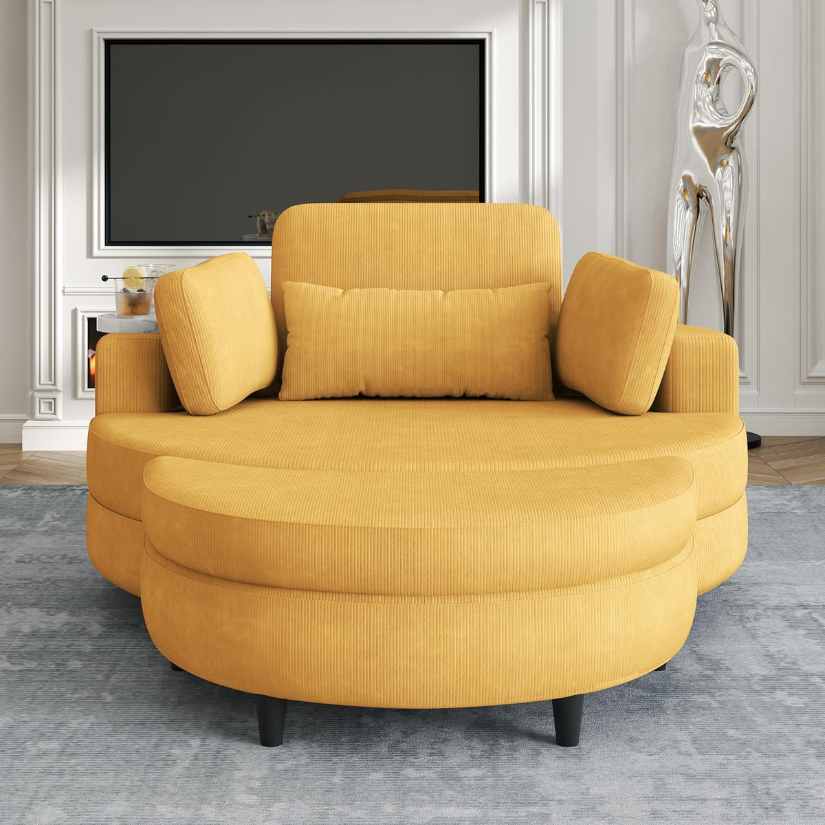 Oversized Corduroy Barrel Armchair with Adjustable Headrest, 4 Pillows, Storage Ottoman & Removable Tray G419