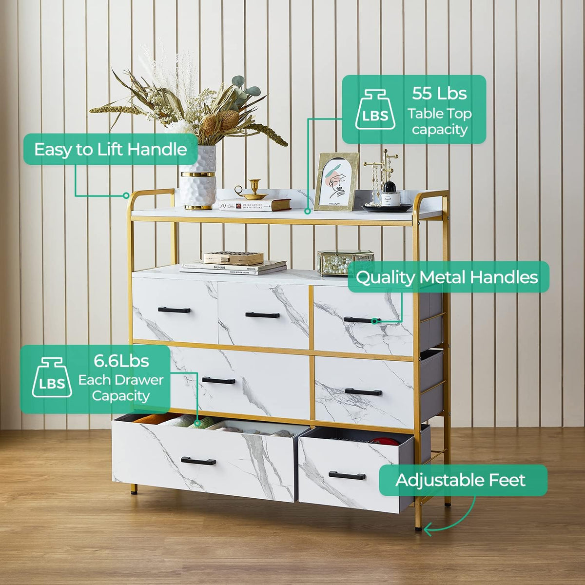 White 7 Drawer Chest of Drawers with Steel Frame and Wood Top U565563