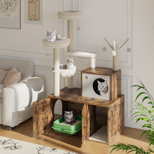 Rustic Brown Wooden Cat Furniture with Cat Tree Tower and Condo O48403