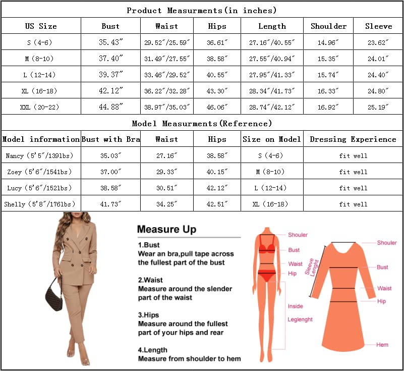 Women Double Breasted Blazer Set 2 Piece Pants Outfits Long Sleeve Suit Set P640