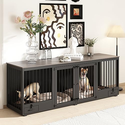 Black Heavy Duty Wooden Dog Crate with Dog Bowl Drawers & Divider O46596