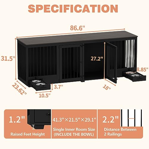 Black Heavy Duty Wooden Dog Crate with Dog Bowl Drawers & Divider O46596