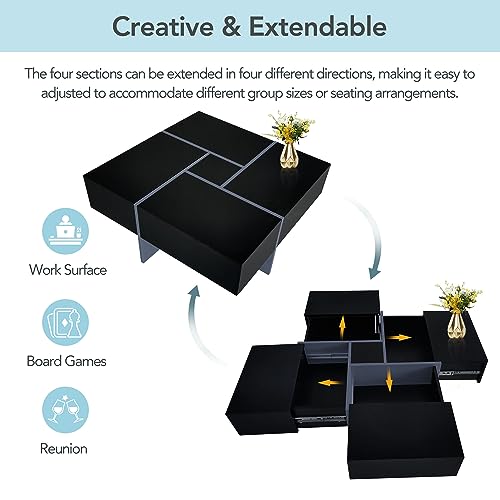 Black Square Coffee Table with 4 Hidden Storage Compartments and Extendable Sliding Tabletop F771