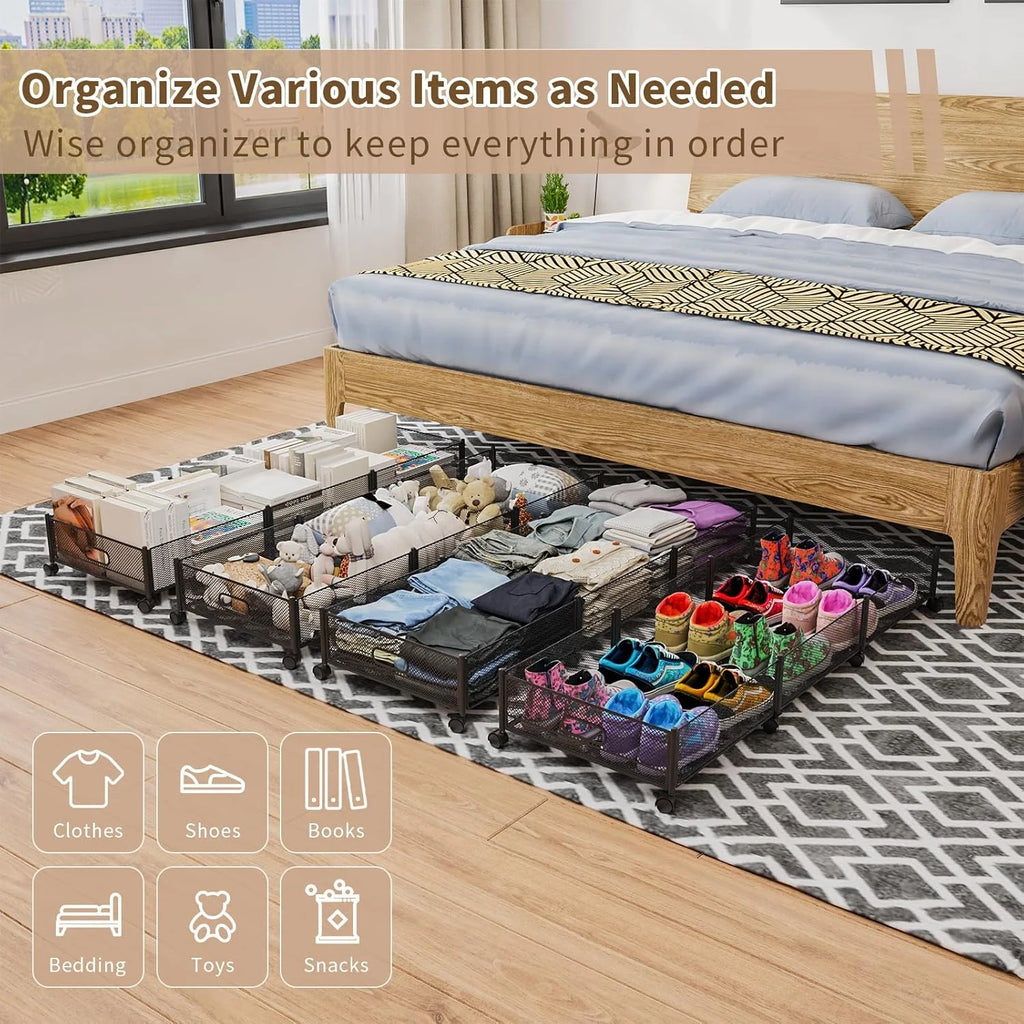 Under Bed Storage on Wheels, Large Capacity Rolling Under the Bed Storage Containers, Foldable Drawers W5567