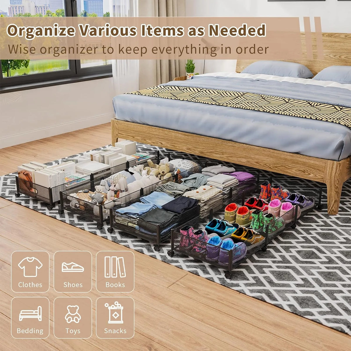 Under Bed Storage on Wheels, Large Capacity Rolling Under the Bed Storage Containers, Foldable Drawers W5567