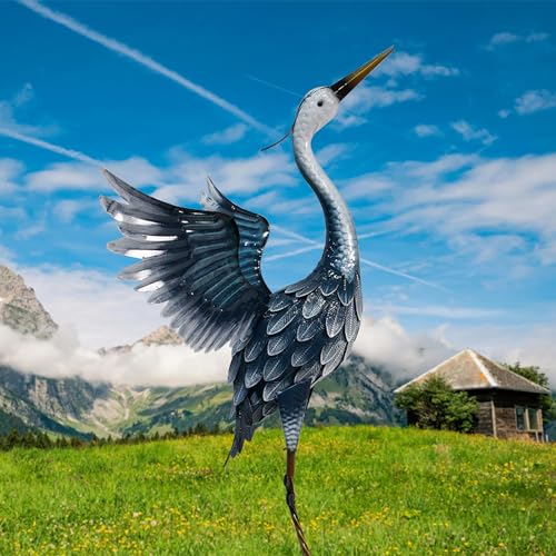 33 Inch Blue Metal Crane Statue Y1094