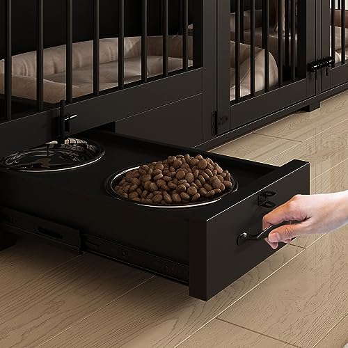 Black Heavy Duty Wooden Dog Crate with Dog Bowl Drawers & Divider O46596