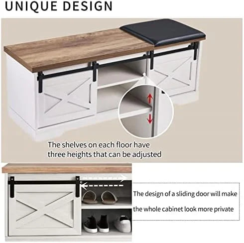 42” Rustic Solid Wood Shoe Bench with Linen Cushion D978844