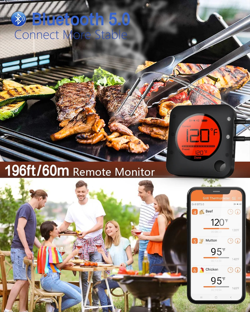 6-Probe Bluetooth Meat Thermometer with LCD Display Y16571