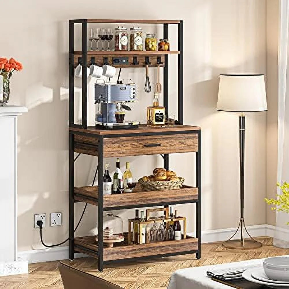 Rustic Brown 5-Tier Kitchen Bakers Rack with Power Outlets E87119