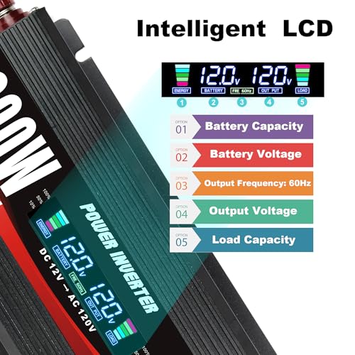 1000 Watt Car Power Inverter 12V to 110V/120V AC with LCD Display Dual AC Outlets Dual USB Black P6813