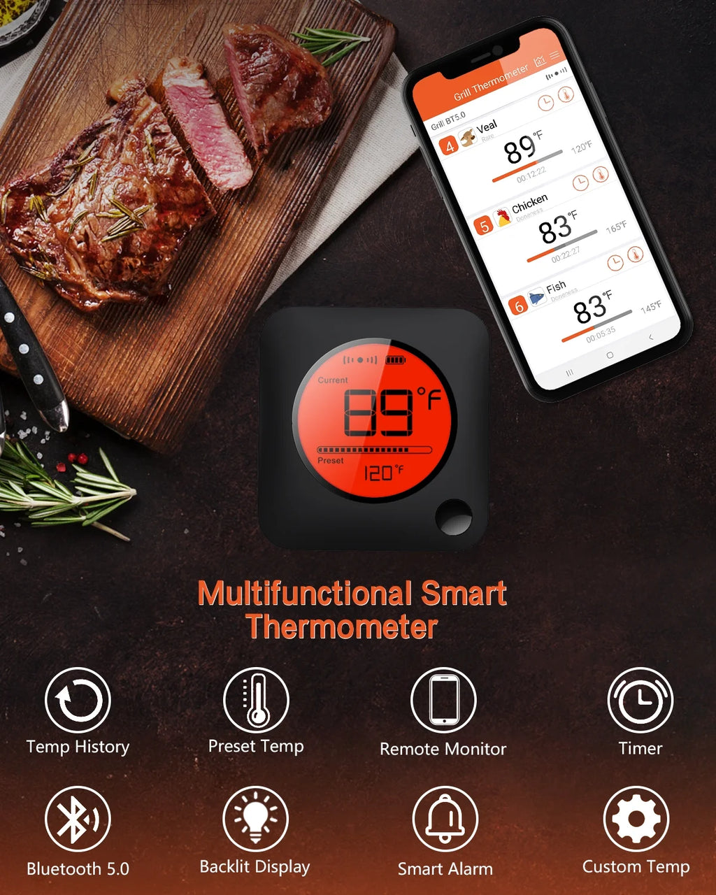 6-Probe Bluetooth Meat Thermometer with LCD Display Y16571