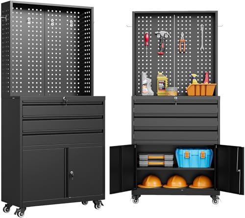 Black Metal Storage Cabinet with Wheels and Drawers H926