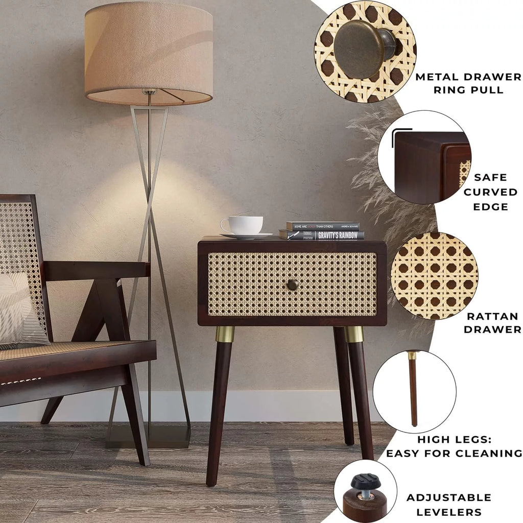 Rattan Solid Wood Nightstand with Storage Drawer G282440