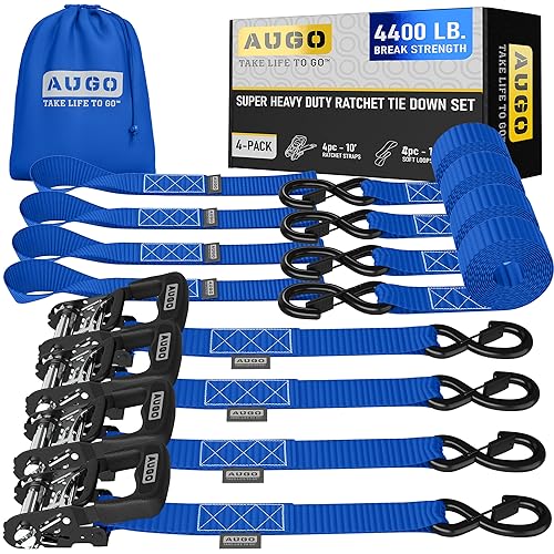 Heavy Duty 4 Pack 15 FT 2200 LB Ratchet Tie Down Straps with S Hooks I436757