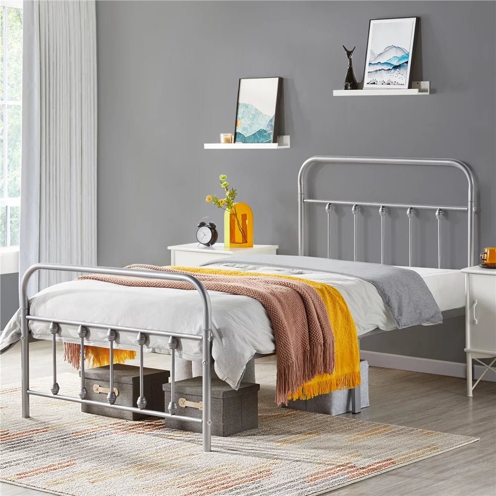 Queen Metal Bed Frame with Spindle Headboard & Footboard, White A7072