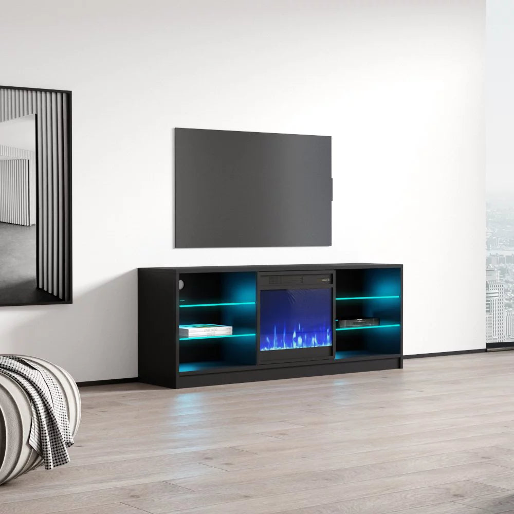 High Gloss Fireplace TV Stand with Storage Cabinets and LED Lights W11031